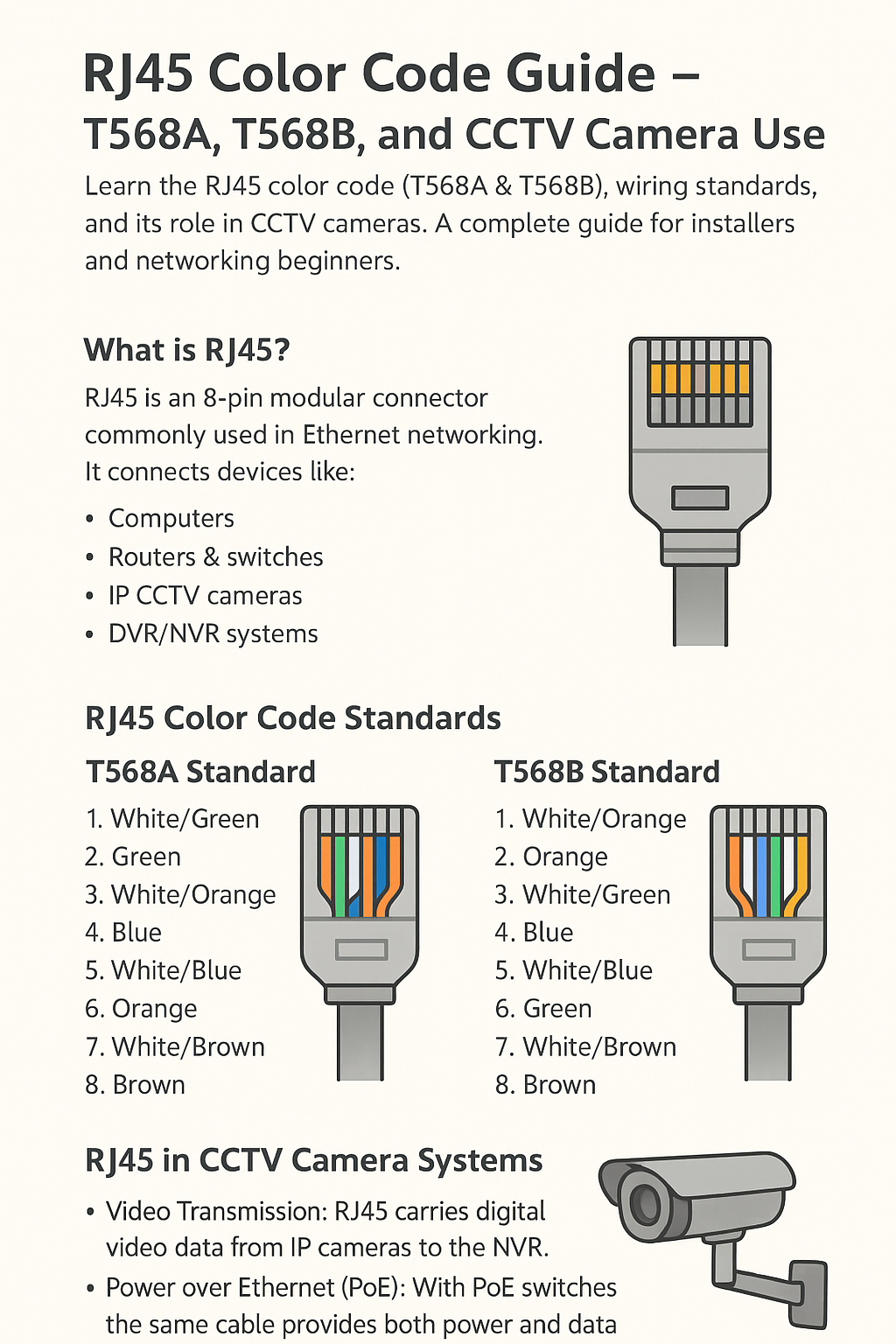 "Infographic showing RJ45 color code standards T568A and T568B with labeled wire sequences, RJ45 connector diagrams, and explanation of RJ45 role in CCTV camera systems including PoE and video transmission."