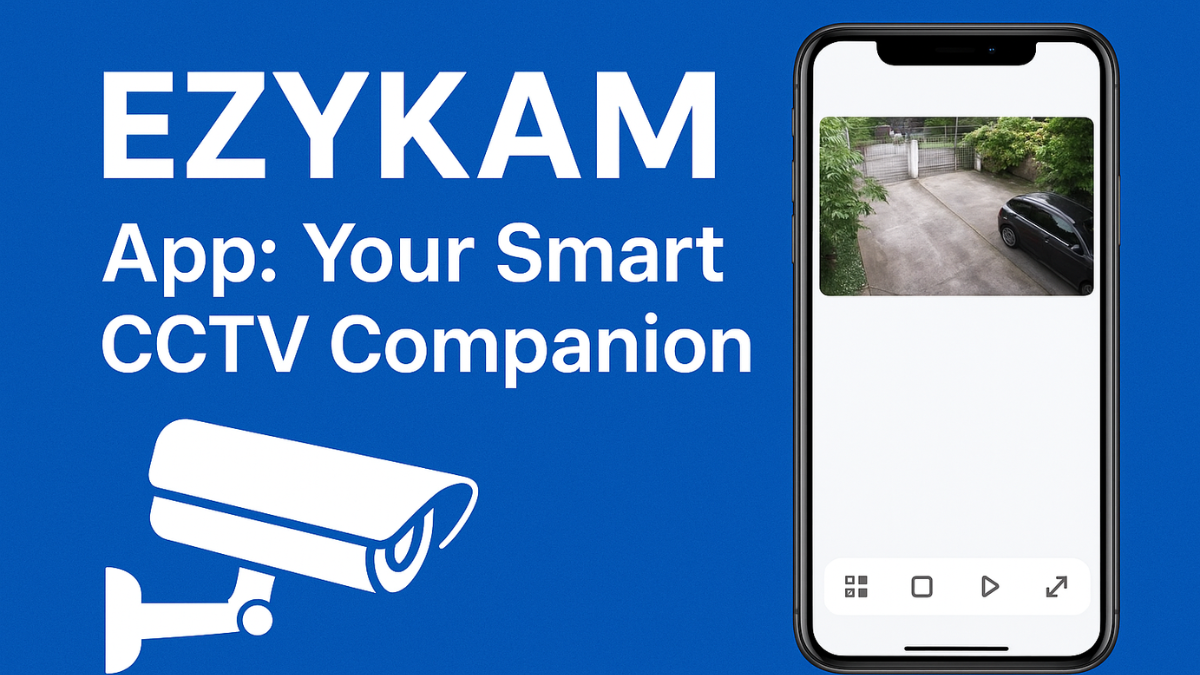 Promotional graphic for the EZYKAM app featuring a blue background, bold white text reading “EZYKAM App: Your Smart CCTV Companion,” a white CCTV camera icon on the left, and a smartphone on the right displaying a live CCTV video feed.