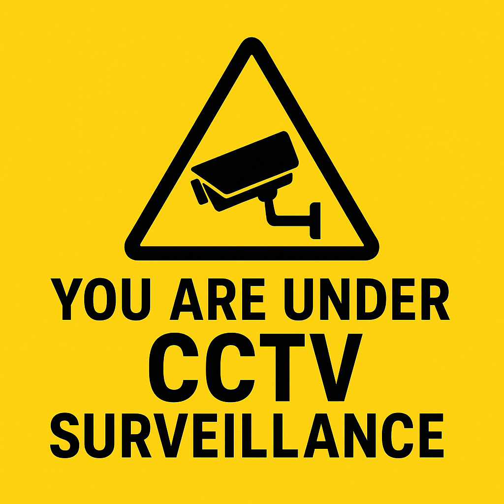 Square yellow CCTV surveillance warning sign with a bold black CCTV camera icon above the text “YOU ARE UNDER CCTV SURVEILLANCE” in uppercase black letters inside a black border.