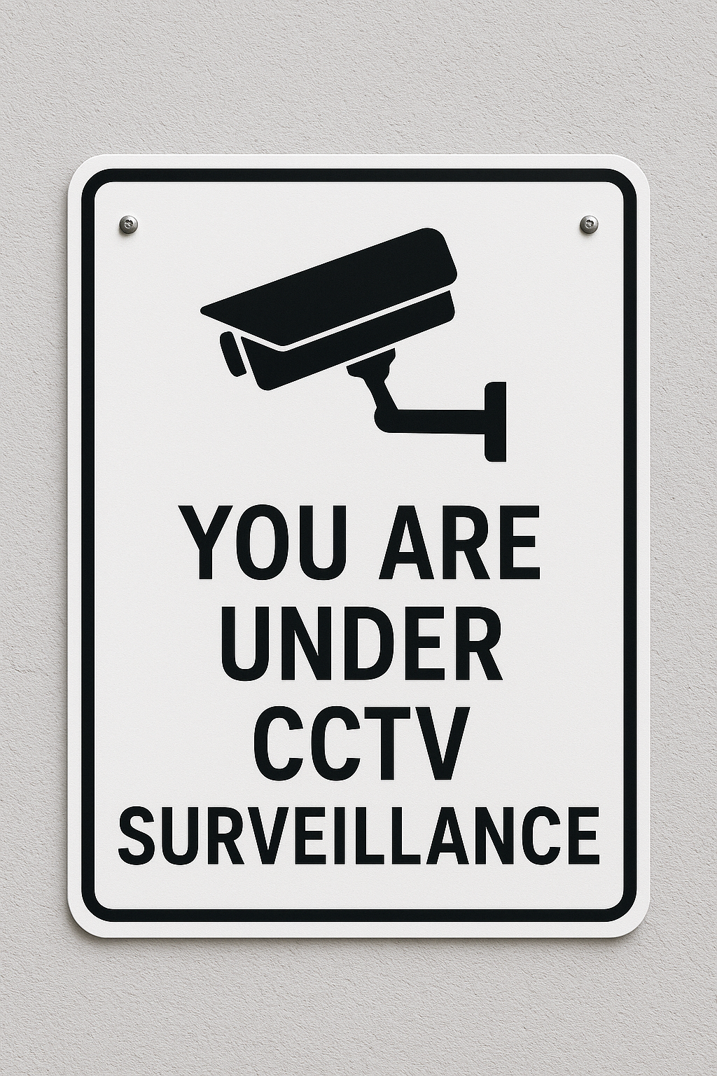 Square black-and-white CCTV surveillance poster with a simple black CCTV camera icon above bold text reading “YOU ARE UNDER CCTV SURVEILLANCE” in uppercase letters on a white background.