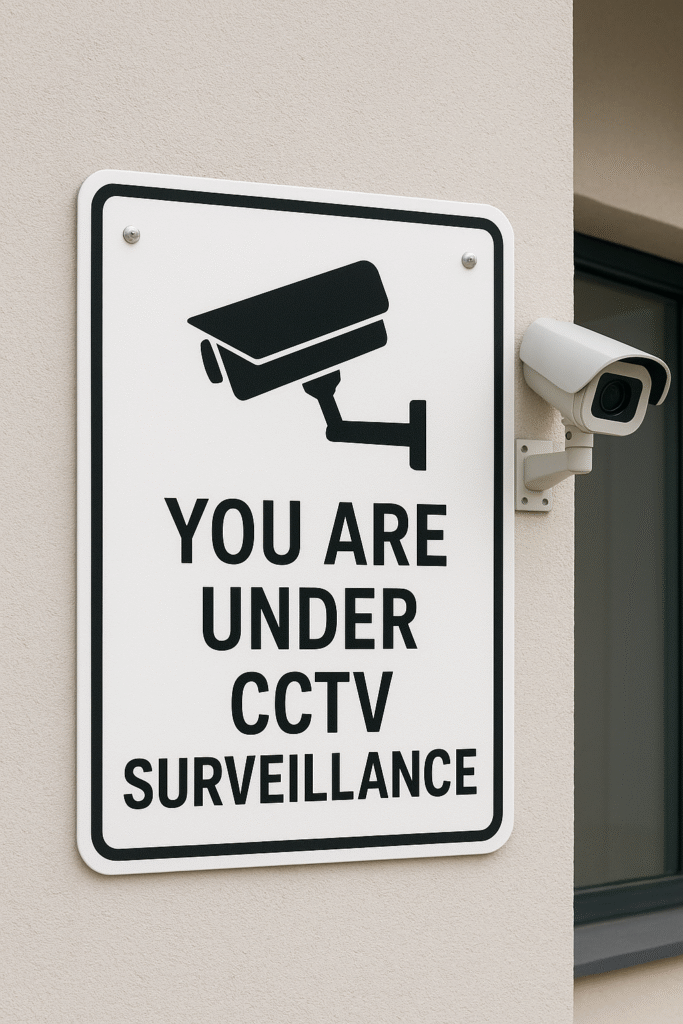 Alt text: Square black-and-white CCTV surveillance poster with a simple black CCTV camera icon above bold text reading “YOU ARE UNDER CCTV SURVEILLANCE” in uppercase letters on a white background.