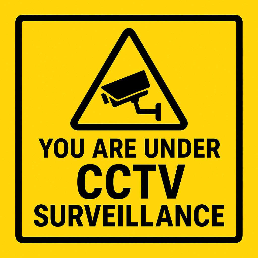 Square yellow CCTV surveillance warning sign with a bold black CCTV camera icon above the text “YOU ARE UNDER CCTV SURVEILLANCE” in uppercase black letters inside a black border.