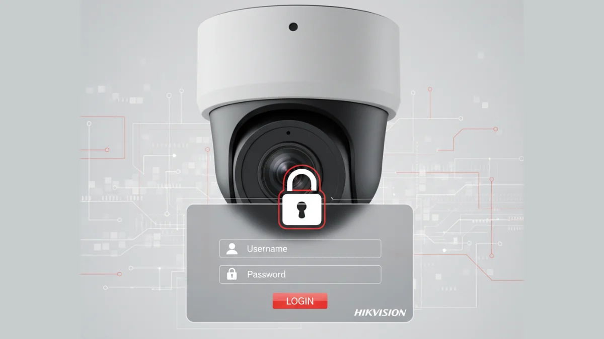 Hikvision Digital Default Password Setup, Reset & Security Guide, Hikvision CCTV camera with digital login screen and security lock icon,