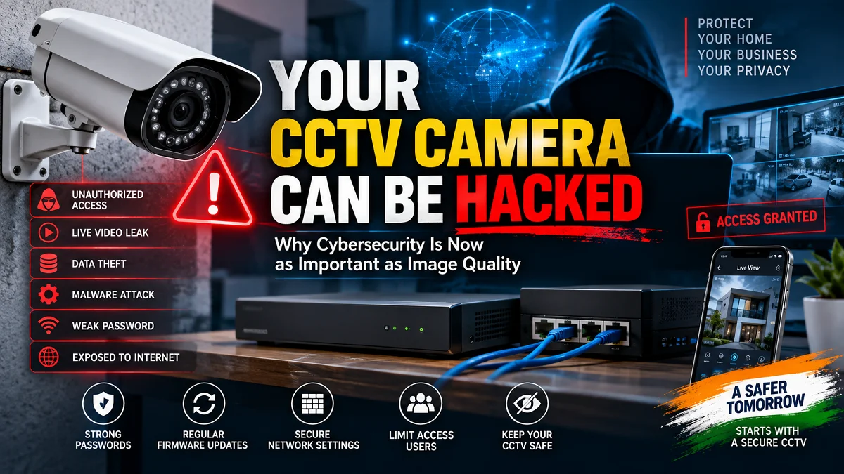 CCTV camera cybersecurity showing hacking risks, unauthorized access and secure network protection